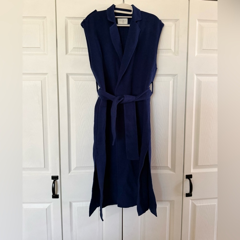 Sandro Paris Blue Sleeveless Wool Long Coat Vest Belted Designer Sz 2 (M/L) NWT - Picture 3 of 9